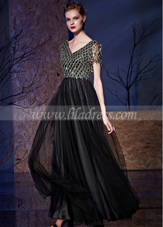 Eye-catching Tulle & Sequin Lace V-neck Neckline Floor-length A-line Prom Dresses With Pleats