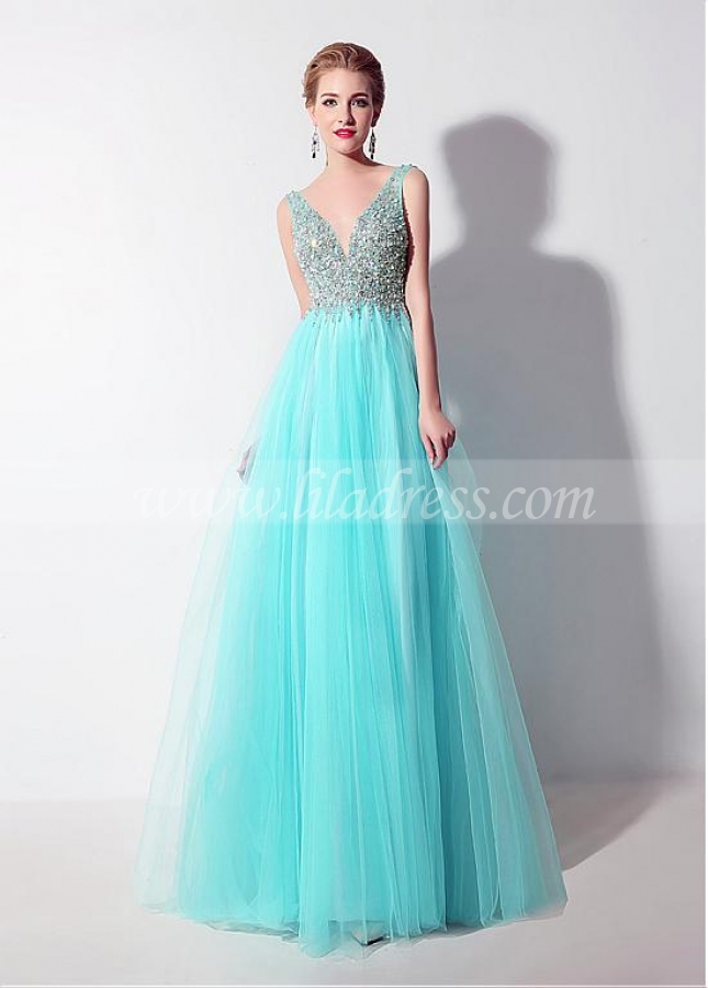 Fantastic Tulle V-neck Neckline Exposed Back A-Line Prom Dresses With Beadings