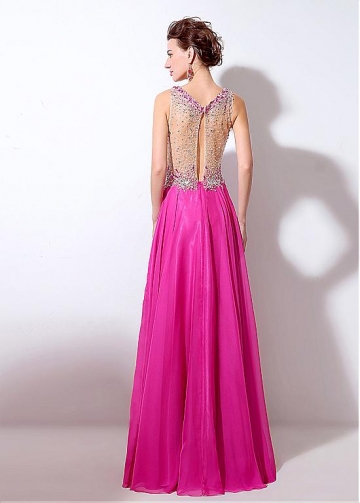 Exquisite Tulle & Chiffon Scoop Neckline See-through A-Line Prom Dresses With Beadings