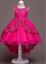 Glamorous Tulle & Satin Jewel Neckline Ball Gown Flower Girl Dress With Lace Appliques & Bowknot