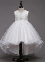 Delicate Tulle & Lace Jewel Neckline Hi-lo Ball Gown Flower Girl Dress With Lace Appliques & Beadings