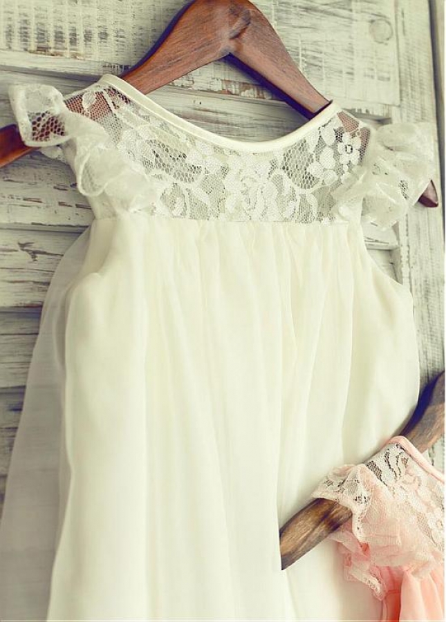 Cute Lace & Chiffon Jewel Neckline Knee-length A-line Flower Girl Dresses