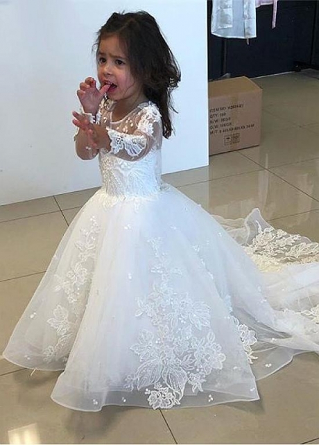 Pretty Tulle Jewel Neckline Ball Gown Flower Girl Dresses With Lace Appliques