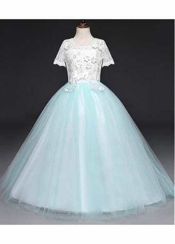 Stunning Tulle & Lace Jewel Neckline Ball Gown Flower Girl Dresses With Handmade Flowers