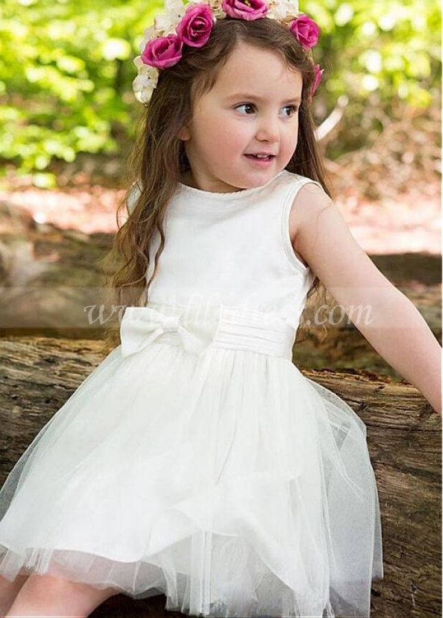 Attractive Tulle & Satin Jewel Neckline A-line Flower Girl Dresses With Bowknot