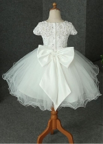 Sweet Lace & Tulle & Satin Jewel Neckline Ball Gown Flower Girl Dress With Beaded Lace Appliques