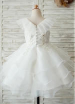 Pure Tulle & Organza V-neck Neckline Knee-length Ball Gown Flower Girl Dresses With Beadings & Lace Appliques