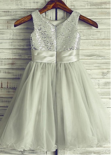 Eye-catching Sequin Lace & & Tulle Scoop Neckline Tea-length A-line Flower Girl Dresses With Handmade Flowers