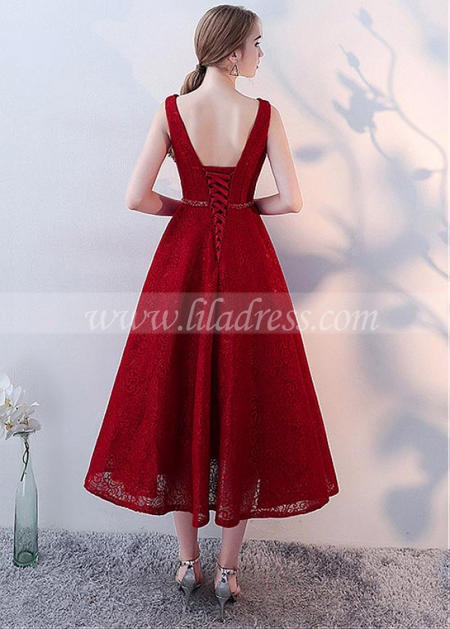 Fashionable Lace Jewel Neckline Tea-length A-line Homecoming Dresses With Beadings