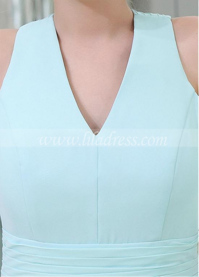 Light Blue Sweet Chiffon V-neck Neckline Short Length A-line Homecoming / Bridesmaid Dresses