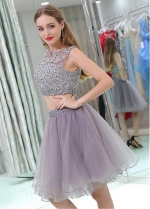 Tulle Bateau Neckline Knee-length A-line Two-piece Homecoming Dresses With Beaded Lace Appliques