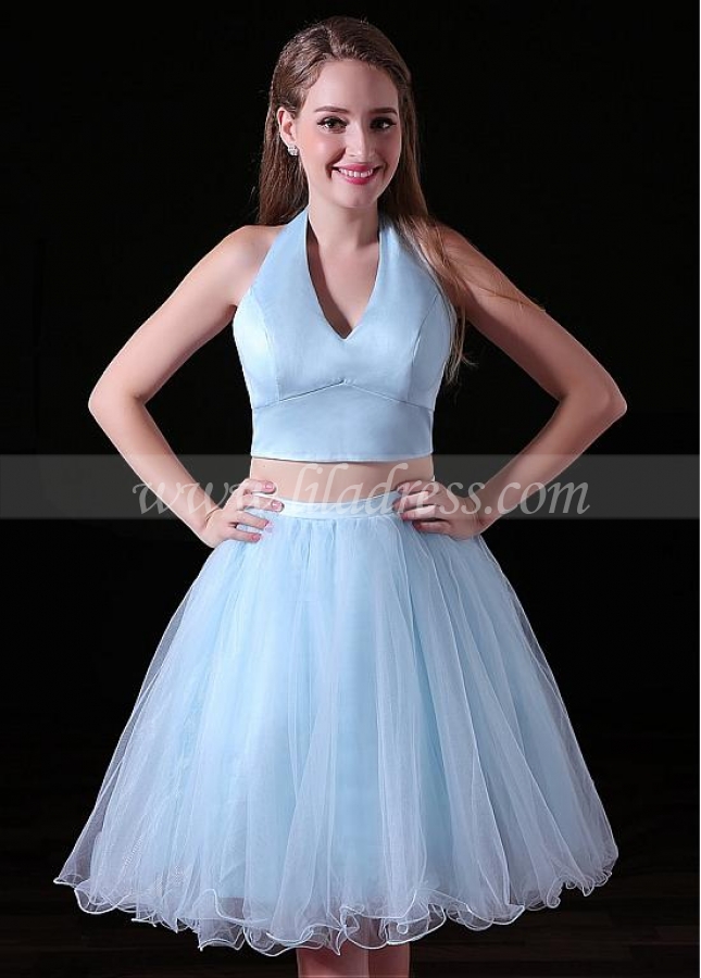 Graceful Tulle & Satin Halter Neckline Short Length Two-piece A-line Homecoming Dress