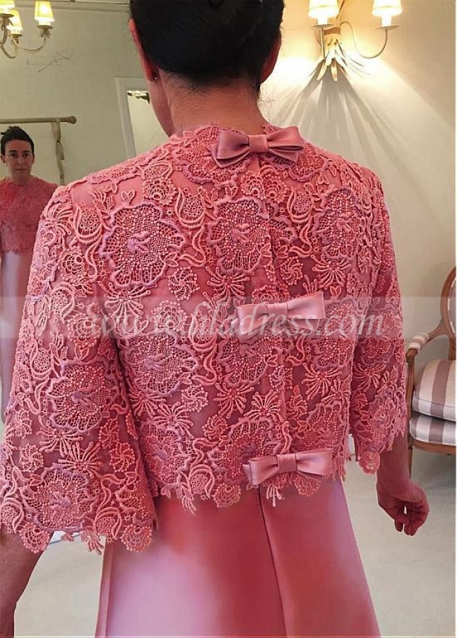 Modest Satin & Lace Jewel Neckline A-line Mother Of The Bride Dress With Detachable Coat