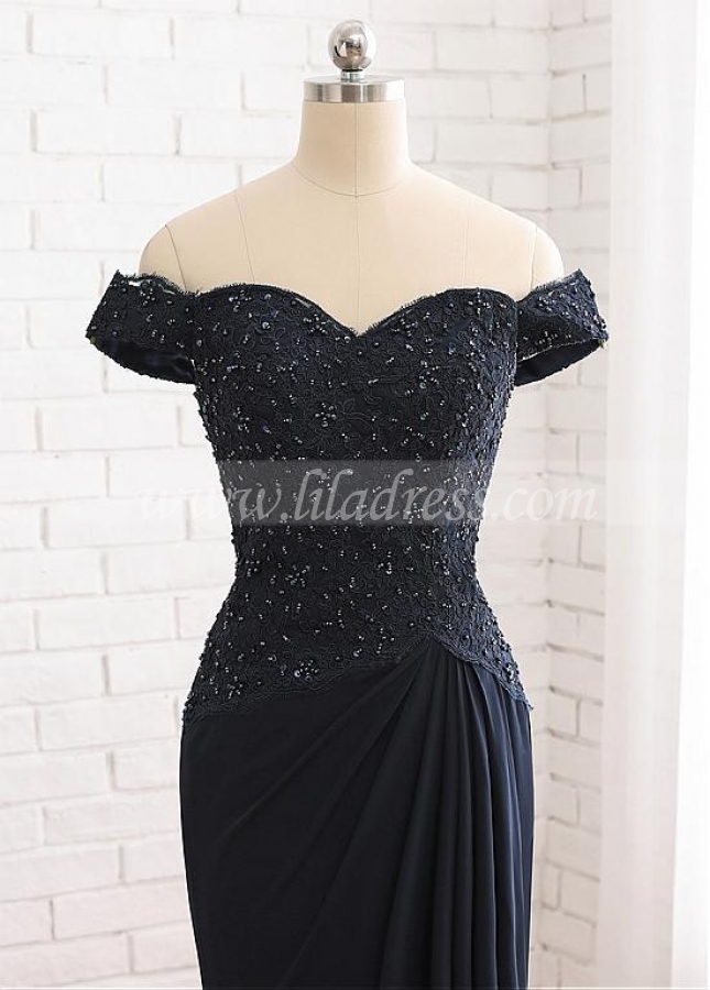 Alluring Chiffon Off-the-shoulder Neckline Mermaid Mother Of The Bride Dress With Beaded Lace Appliques