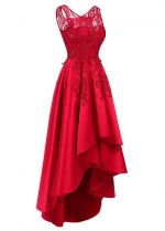 Pretty Tulle & Satin Scoop Neckline Hi-lo A-line Prom Dresses With Hot Fix Rhinestones & Lace Appliques