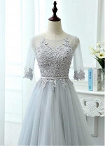 Modest Tulle Jewel Neckline A-line Bridesmaid Dress With Lace Appliques & Sash