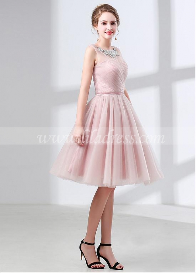 Charming Tulle Jewel Neckline Knee-length A-line Bridesmaid Dress With Beadings
