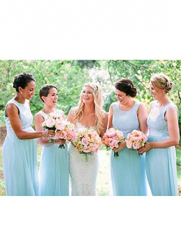 Charming Chiffon Jewel Neckline Full-length A-line Bridesmaid Dress With Belt & Lace Appliques
