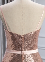 Shimmering Sequins Lace Spaghetti Straps Neckline Sheath/Column Bridesmaid Dress With Belt