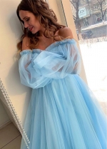 Modest Tulle Off-the-shoulder Neckline Floor-length A-line Prom Dresses With Lace Appliques