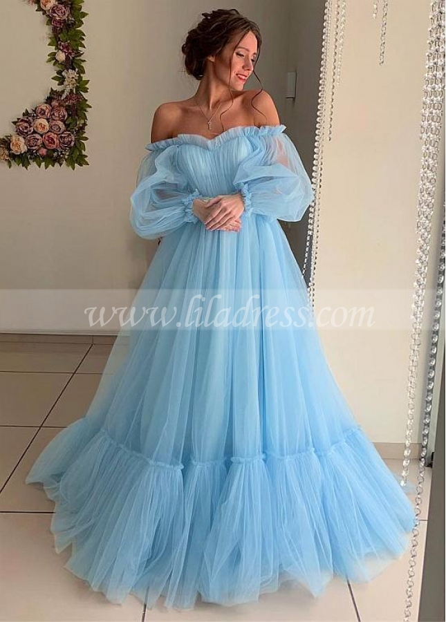 Modest Tulle Off-the-shoulder Neckline Floor-length A-line Prom Dresses With Lace Appliques