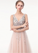 Brilliant Tulle V-neck Neckline Floor-length A-line Prom Dress With Beadings
