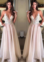 Modest Tulle & Organza Spaghetti Straps Neckline Floor-length A-line Prom Dress With Beadings & Lace Appliques