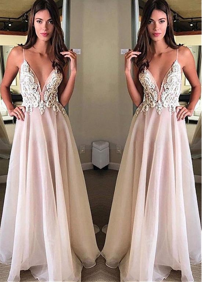 Modest Tulle & Organza Spaghetti Straps Neckline Floor-length A-line Prom Dress With Beadings & Lace Appliques