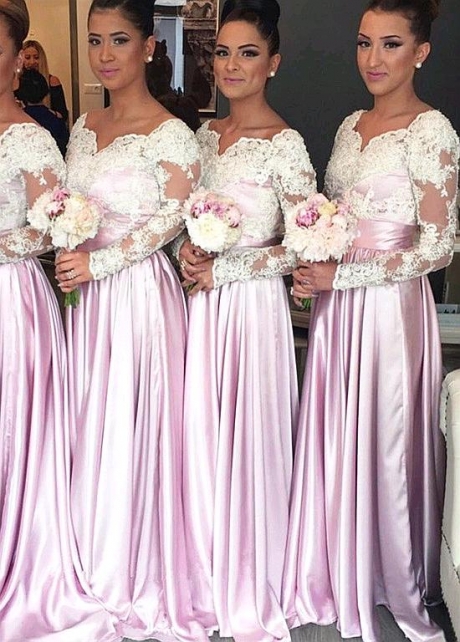 Romantic Tulle & Stretch Satin Asymmetrical Neckline Full-length A-line Bridesmaid Dresses With Long Sleeves