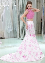 Elegant Bateau Neckline Two-piece Mermaid Prom Dresses With Lace Appliques & Hot Fix Rhinestones