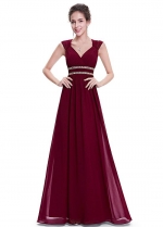Stunning Chiffon V-neck Neckline Cap Sleeves Cut-out A-line Prom Dresses With Beadings