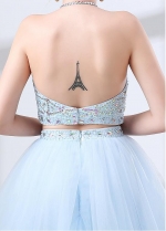 Glamorous Tulle Halter Neckline Two-piece A-line Homecoming Dress Wih Beadings