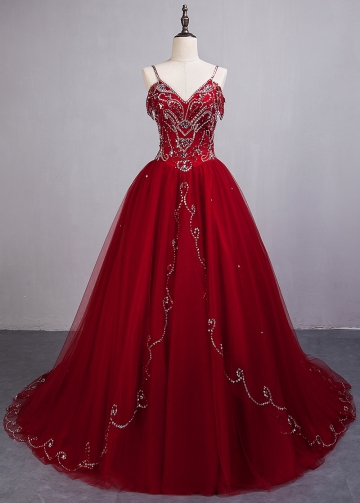 Fascinating Tulle Spaghetti Straps Neckline Ball Gown Quinceanera Dresses With Beadings