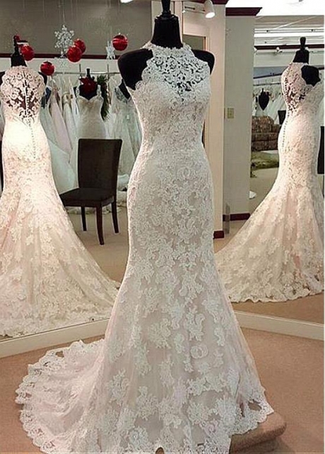 Attractive Tulle Jewel Neckline Mermaid Wedding Dress With Beadings & Lace Appliques