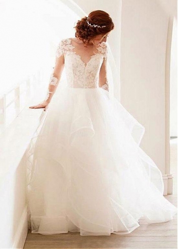 Exquisite Tulle Jewel Neckline Ball Gown Wedding Dress With Lace Appliques