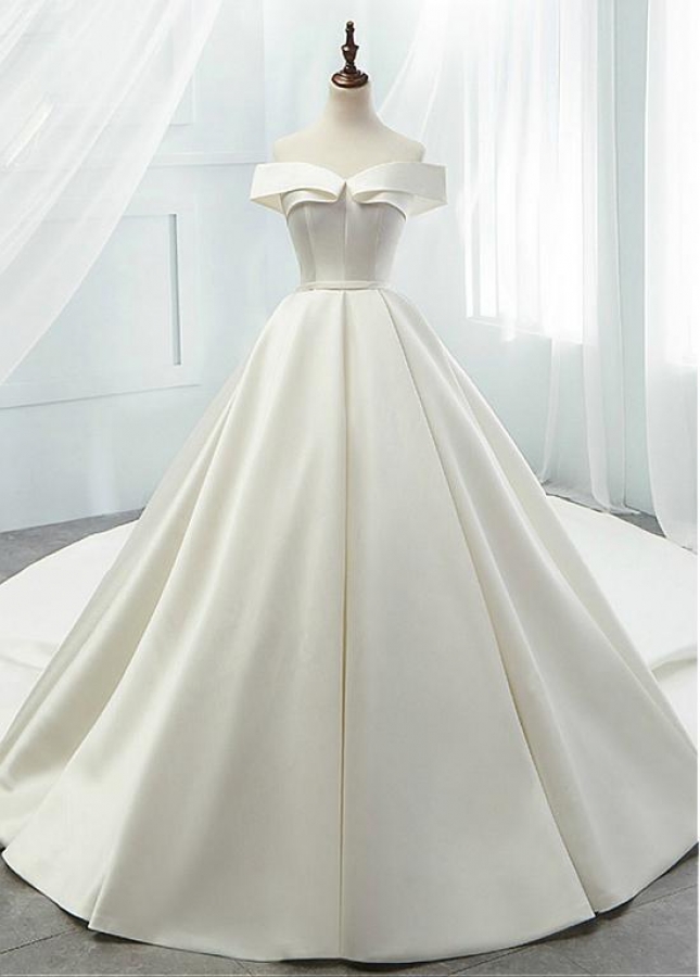 Modest Satin Off-the-shoulder Neckline A-line Wedding Dresses With Belt