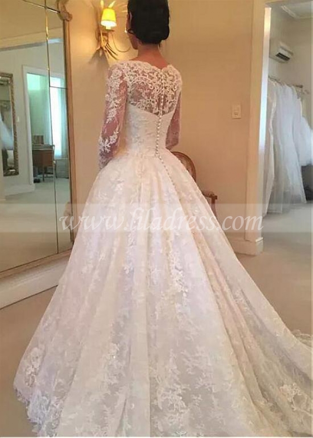 Attractive Tulle Scoop Neckline A-Line Wedding Dress With Beadings & Lace Appliques