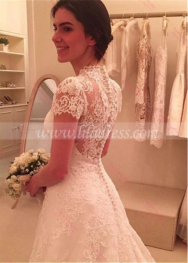 Marvelous Tulle & Lace Queen Anne Neckline A-line Wedding Dress With Beadings & Lace Appliques