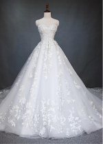 Stunning Tulle Jewel Neckline A-line Wedding Dress With Beaded Embroidery & Handmade Flowers