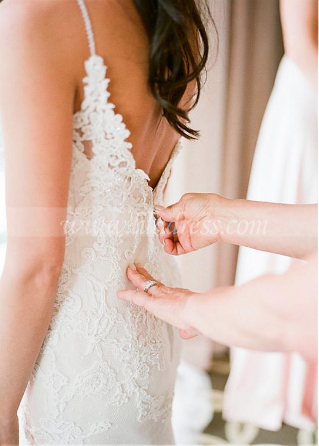 Romantic Polka Dot Tulle Spaghetti Strapls Neckline Mermaid Wedding Dresses with Lace Appliques