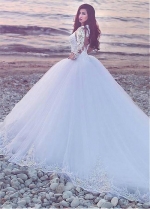 Fascinating Tulle Jewel Neckline Ball Gown Wedding Dress With Lace Appliques