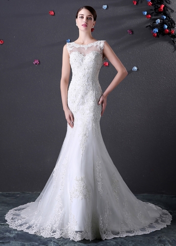 Alluring Illusion Bateau Neckline Mermaid Wedding Dress