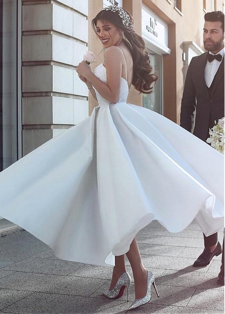 Graceful Satin Spaghetti Straps Neckline A-Line Ankle-Length Wedding Dress With Beaded Lace Appliques