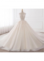 Fabulous Tulle Jewel Neckline Ball Gown Wedding Dresses With Lace Appliques