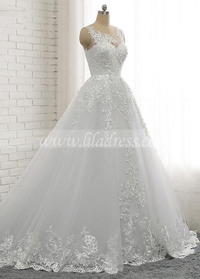 Glamorous Jewel Neckline A-line Wedding Dresses With Lace Appliques & Beadings