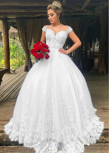 Fashionable Tulle Off-the-shoulder Neckline Ball Gown Wedding Dresses With Beaded Lace Appliques