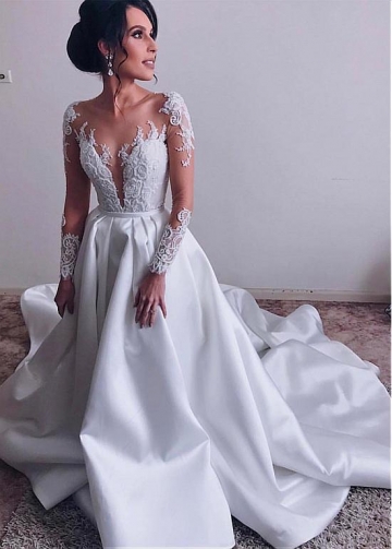 Elegant Tulle & Satin Jewel Neckline A-line Wedding Dresses With Beaded Lace Appliques & Belt