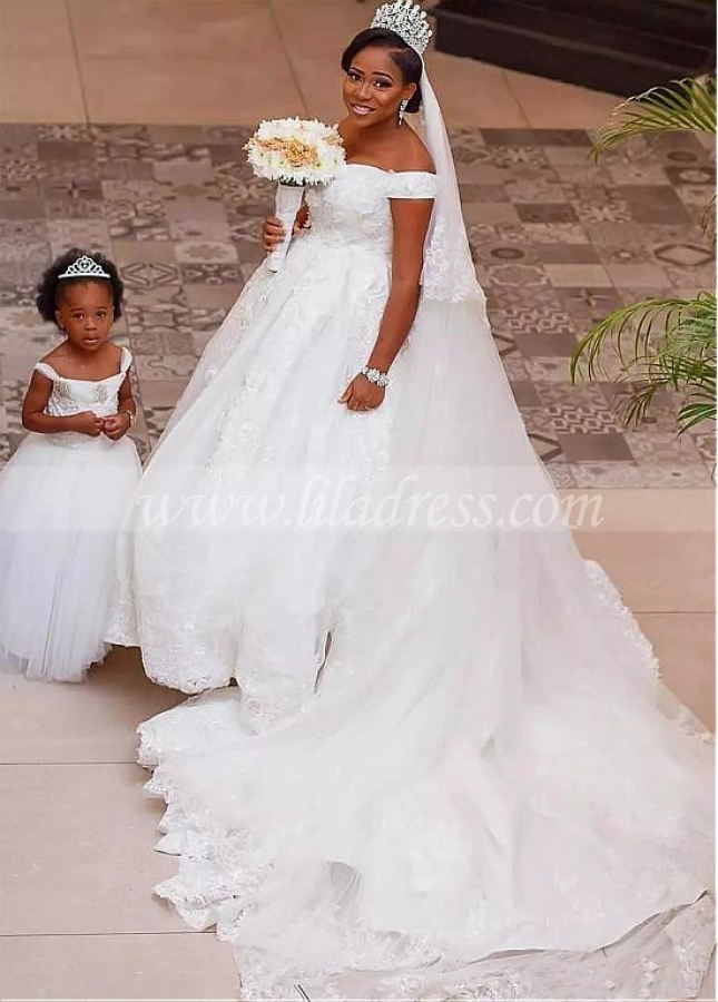 Attractive Tulle Off-the-shoulder Neckline Ball Gown Wedding Dress With Lace Appliques & Beadings & 3D Flowers