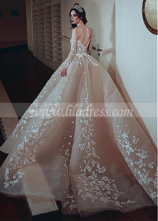 Eyecatching Tulle Off-the-shoulder Neckline Ball Gown Wedding Dress With Beaded Lace Appliques