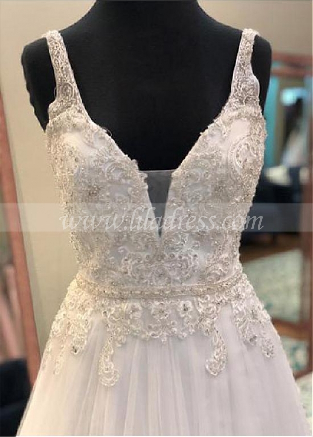 Fabulous Tulle V-neck Neckline A-line Wedding Dress With Lace Appliques & Beadings
